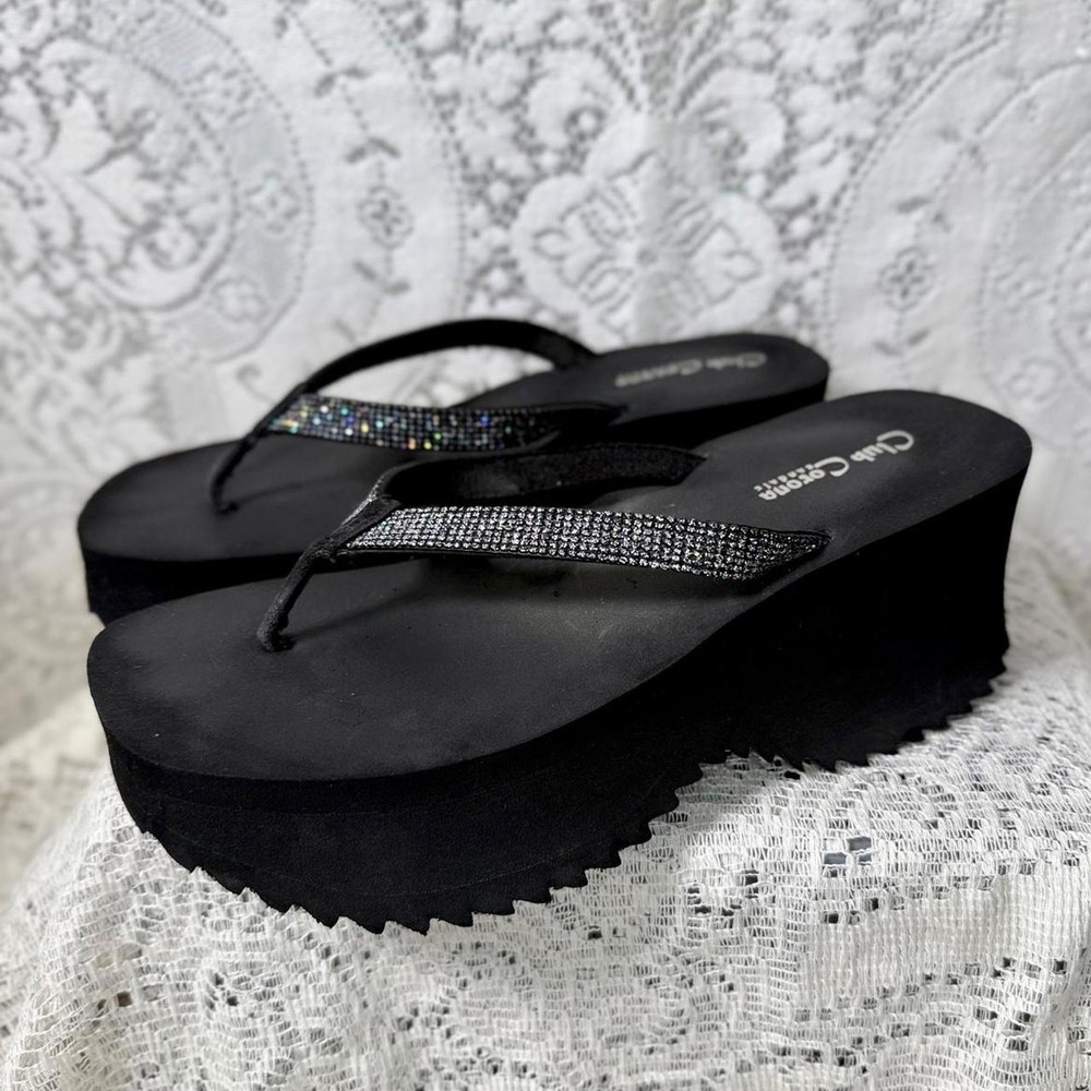 Club Corona Black Glitter Platform Flip Flops – Size 8